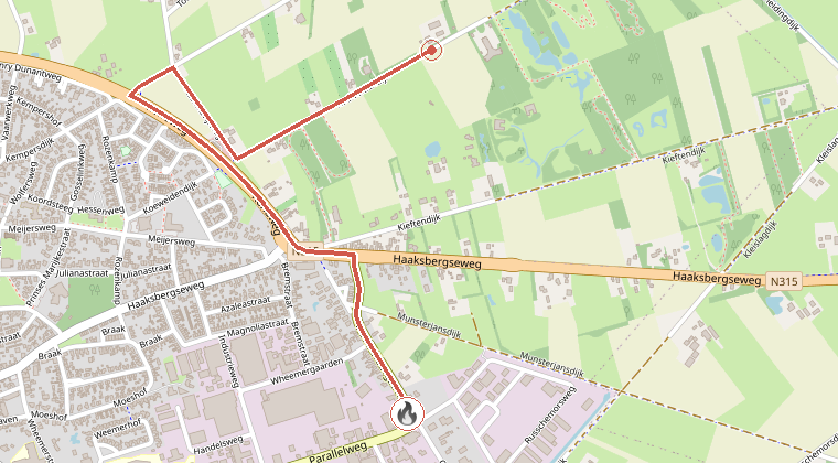 Kaart van de omgeving van de melding, met de kazerne die is gealarmeerd