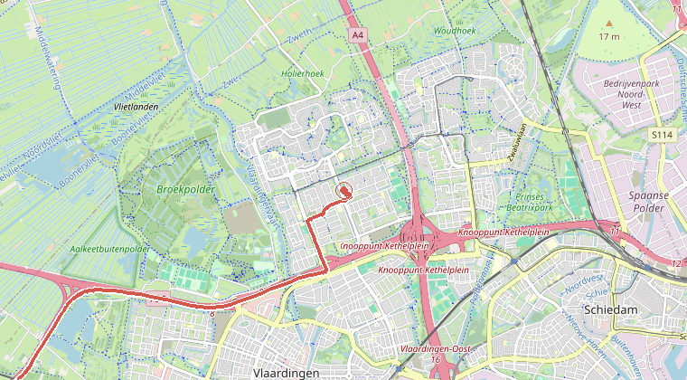 Kaart van de omgeving van de melding, met de kazerne die is gealarmeerd