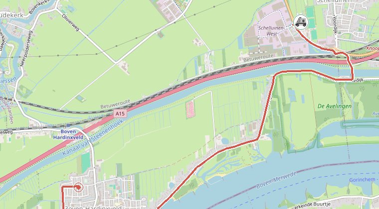 Kaart van de omgeving van de melding, met de kazerne die is gealarmeerd