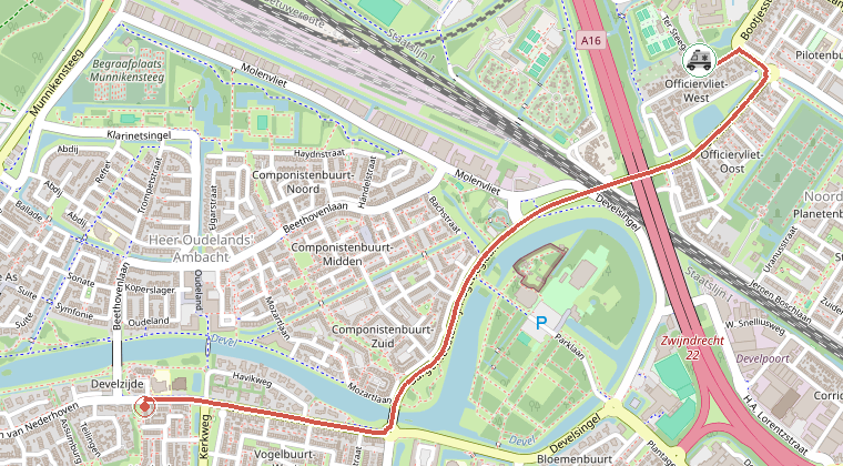 Kaart van de omgeving van de melding, met de kazerne die is gealarmeerd