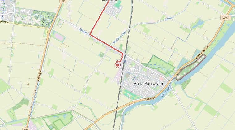 Kaart van de omgeving van de melding, met de kazerne die is gealarmeerd
