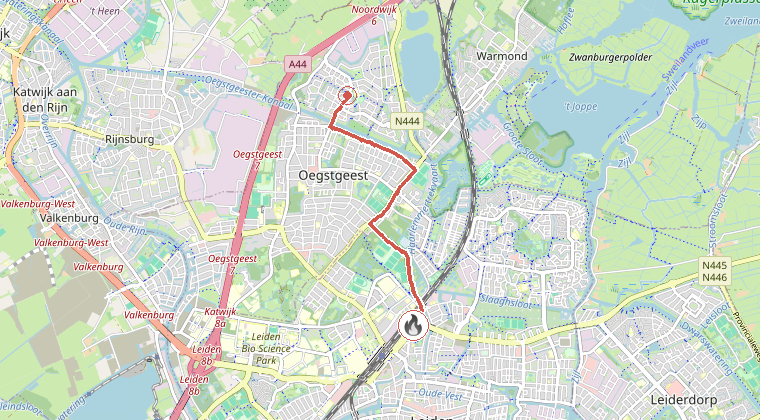 Kaart van de omgeving van de melding, met de kazerne die is gealarmeerd