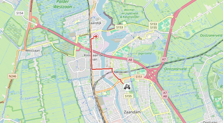 Kaart van de omgeving van de melding, met de kazerne die is gealarmeerd