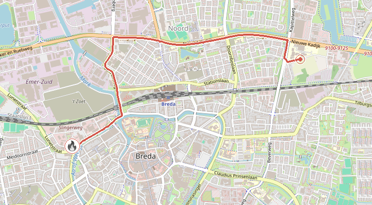 Kaart van de omgeving van de melding, met de kazerne die is gealarmeerd
