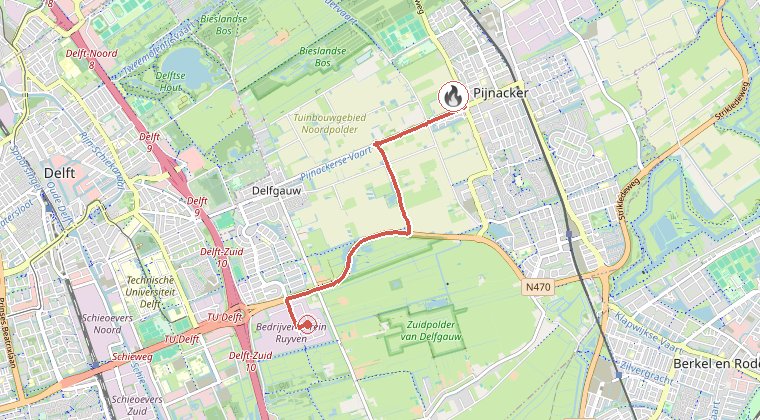 Kaart van de omgeving van de melding, met de kazerne die is gealarmeerd