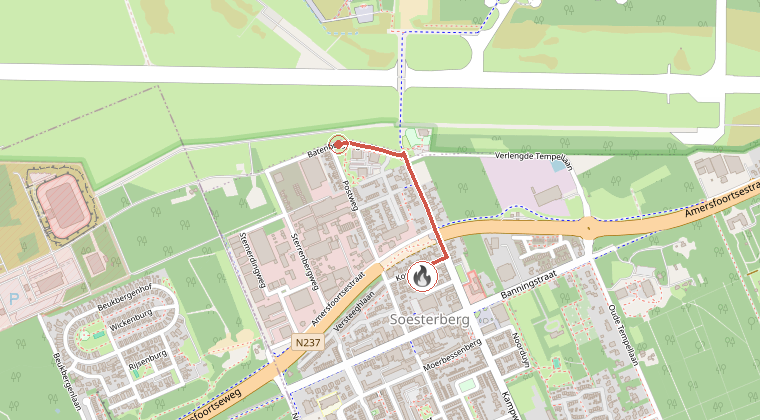 Kaart van de omgeving van de melding, met de kazerne die is gealarmeerd