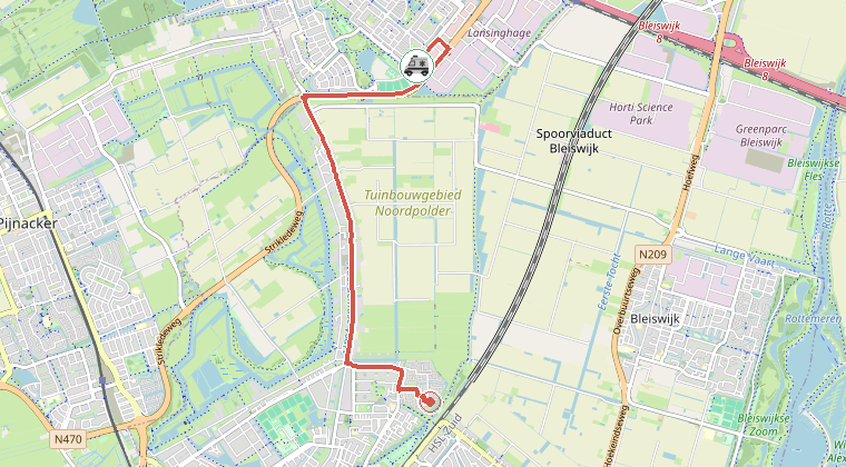Kaart van de omgeving van de melding, met de kazerne die is gealarmeerd