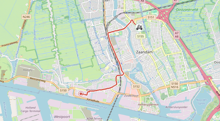 Kaart van de omgeving van de melding, met de kazerne die is gealarmeerd