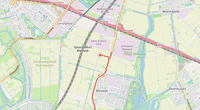 Kaart van de omgeving van de melding, met de kazerne die is gealarmeerd