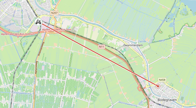 Kaart van de omgeving van de melding, met de kazerne die is gealarmeerd