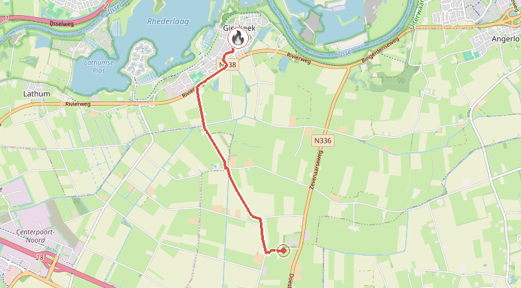 Kaart van de omgeving van de melding, met de kazerne die is gealarmeerd