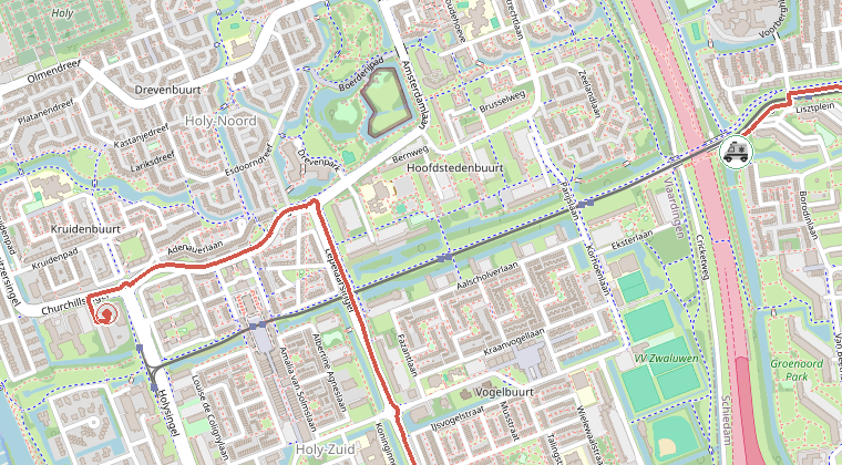 Kaart van de omgeving van de melding, met de kazerne die is gealarmeerd