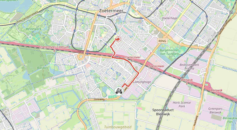 Kaart van de omgeving van de melding, met de kazerne die is gealarmeerd