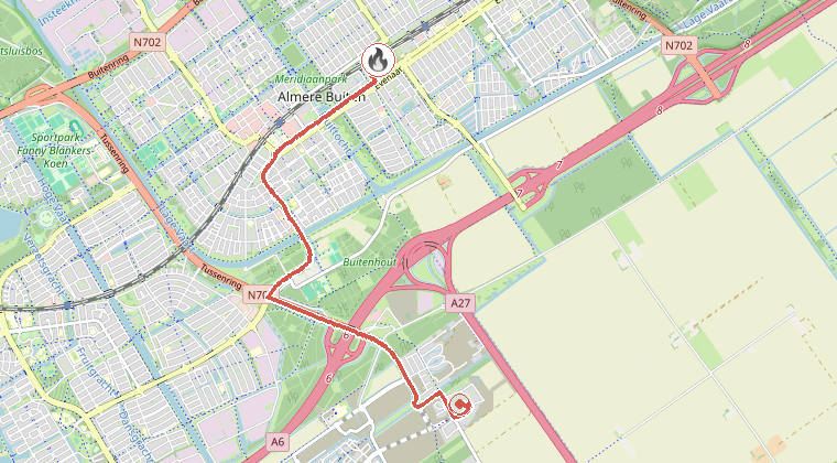 Kaart van de omgeving van de melding, met de kazerne die is gealarmeerd