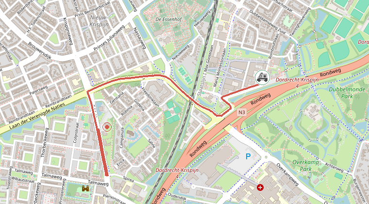 Kaart van de omgeving van de melding, met de kazerne die is gealarmeerd