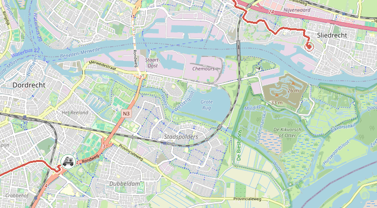 Kaart van de omgeving van de melding, met de kazerne die is gealarmeerd