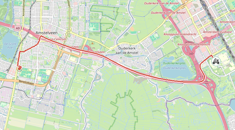 Kaart van de omgeving van de melding, met de kazerne die is gealarmeerd