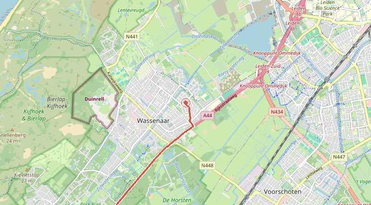 Kaart van de omgeving van de melding, met de kazerne die is gealarmeerd