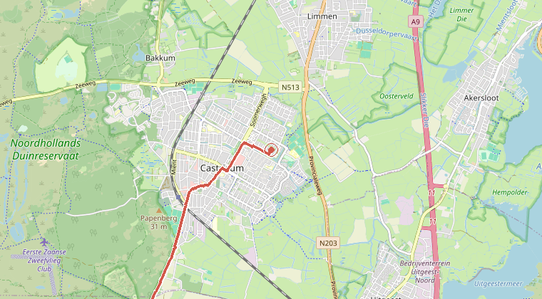 Kaart van de omgeving van de melding, met de kazerne die is gealarmeerd