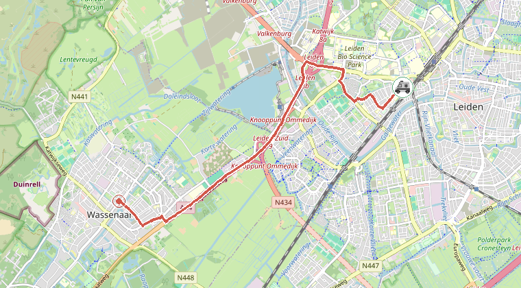 Kaart van de omgeving van de melding, met de kazerne die is gealarmeerd