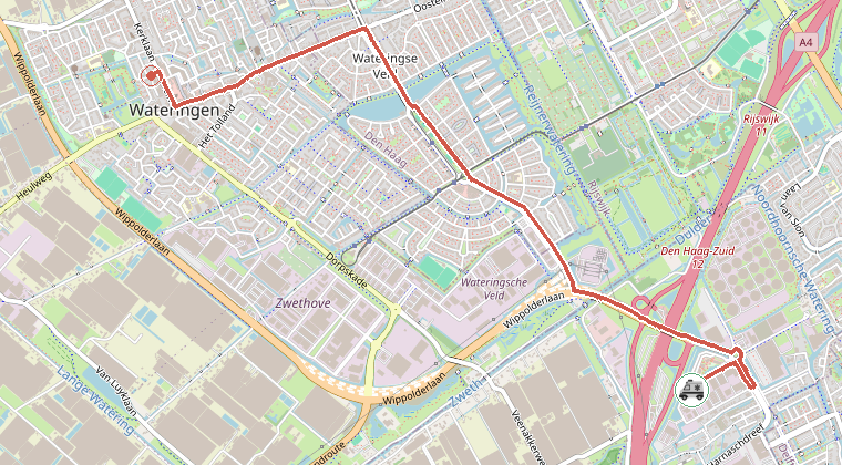 Kaart van de omgeving van de melding, met de kazerne die is gealarmeerd