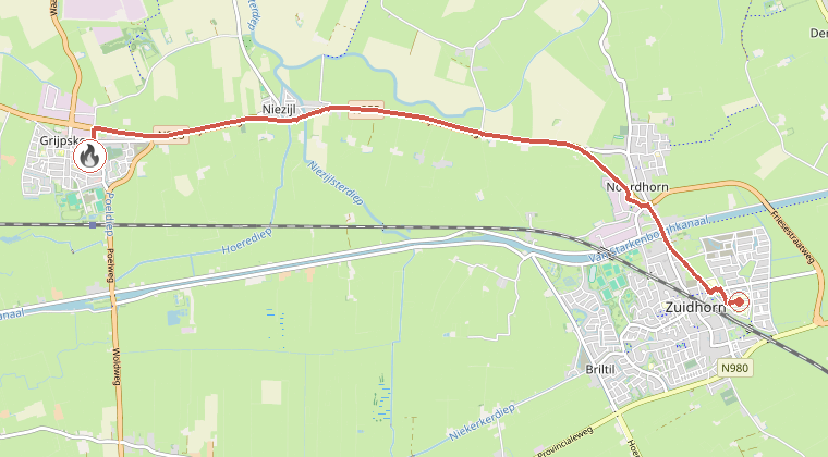 Kaart van de omgeving van de melding, met de kazerne die is gealarmeerd
