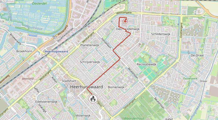 Kaart van de omgeving van de melding, met de kazerne die is gealarmeerd