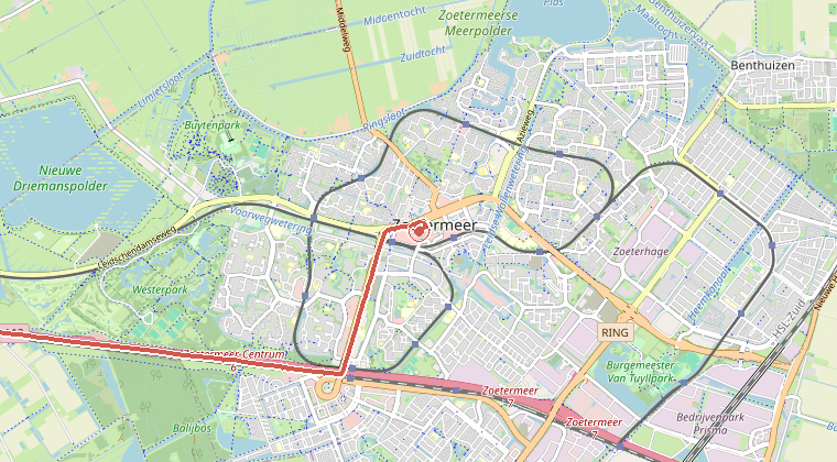Kaart van de omgeving van de melding, met de kazerne die is gealarmeerd