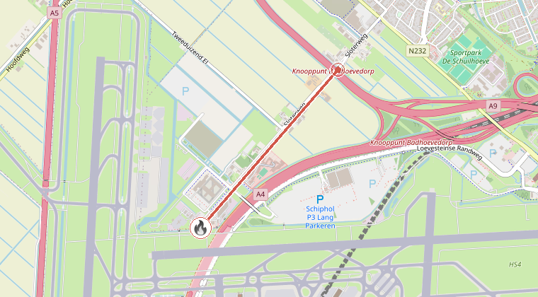 Kaart van de omgeving van de melding, met de kazerne die is gealarmeerd