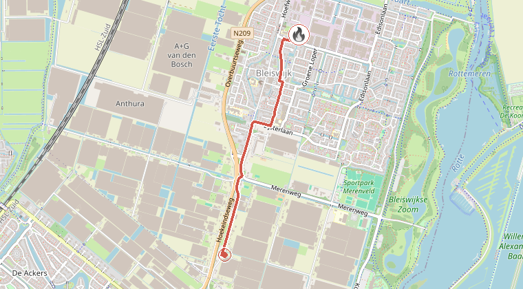 Kaart van de omgeving van de melding, met de kazerne die is gealarmeerd