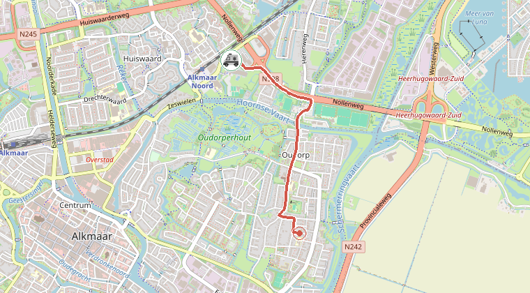 Kaart van de omgeving van de melding, met de kazerne die is gealarmeerd