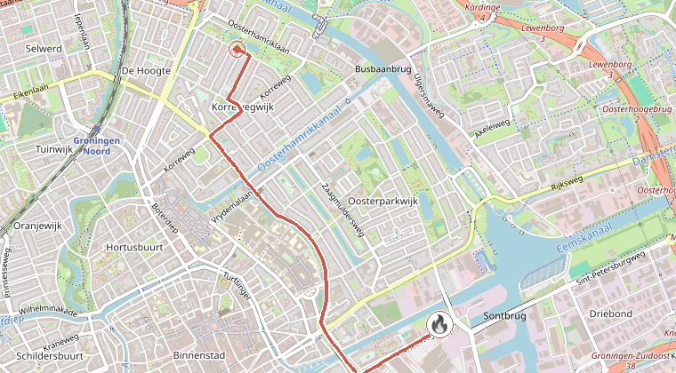 Kaart van de omgeving van de melding, met de kazerne die is gealarmeerd