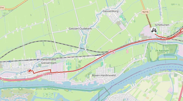 Kaart van de omgeving van de melding, met de kazerne die is gealarmeerd