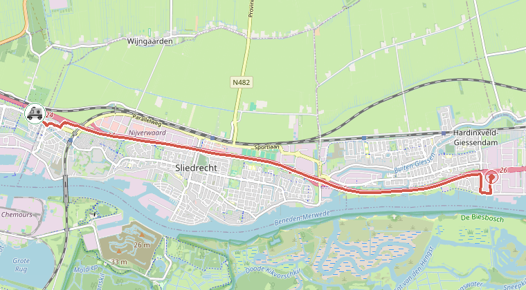 Kaart van de omgeving van de melding, met de kazerne die is gealarmeerd