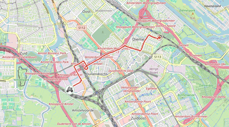 Kaart van de omgeving van de melding, met de kazerne die is gealarmeerd