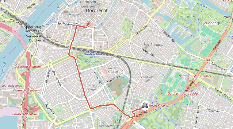 Kaart van de omgeving van de melding, met de kazerne die is gealarmeerd