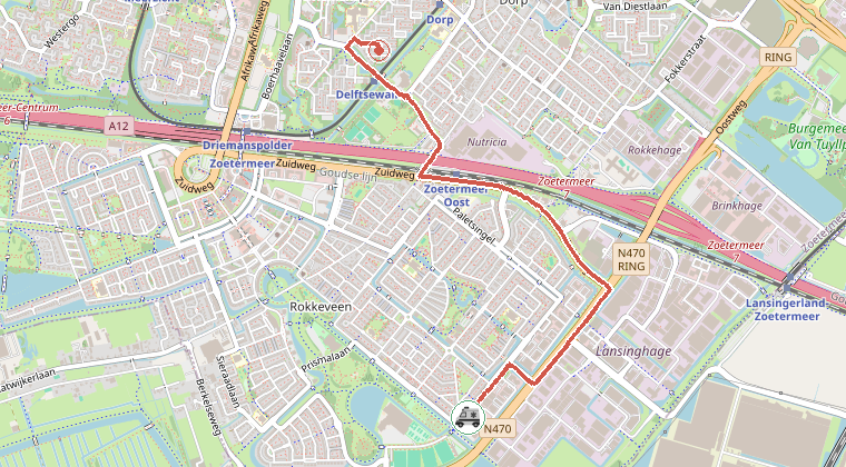 Kaart van de omgeving van de melding, met de kazerne die is gealarmeerd