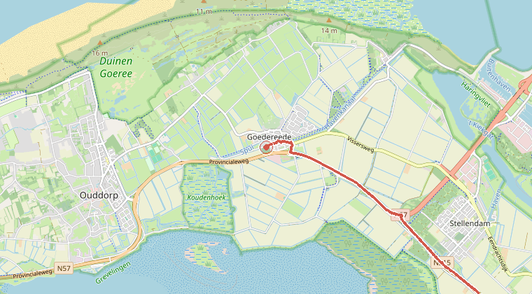 Kaart van de omgeving van de melding, met de kazerne die is gealarmeerd