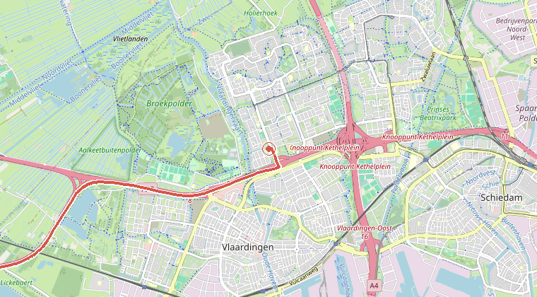 Kaart van de omgeving van de melding, met de kazerne die is gealarmeerd