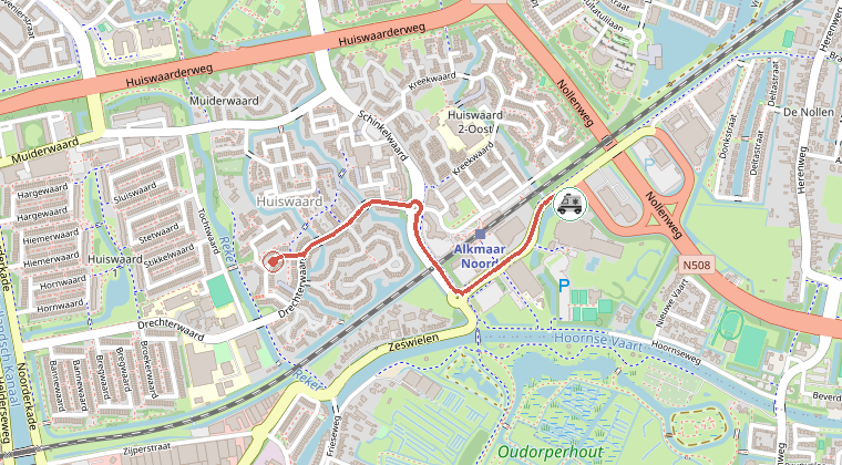 Kaart van de omgeving van de melding, met de kazerne die is gealarmeerd