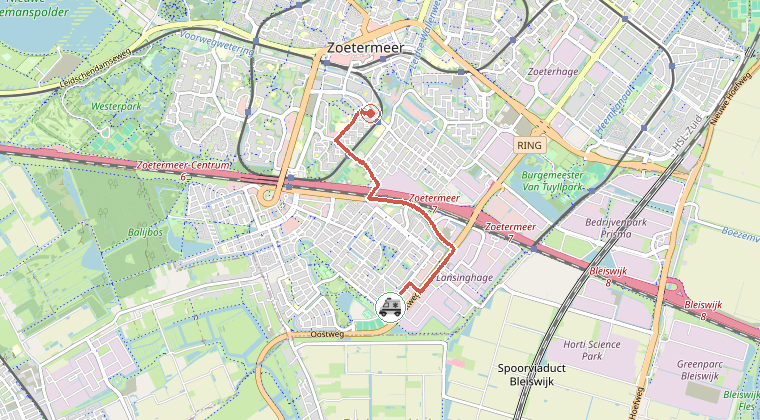 Kaart van de omgeving van de melding, met de kazerne die is gealarmeerd