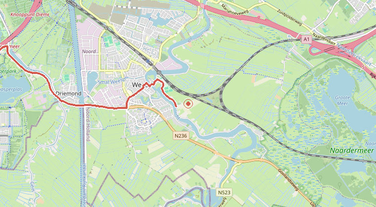 Kaart van de omgeving van de melding, met de kazerne die is gealarmeerd