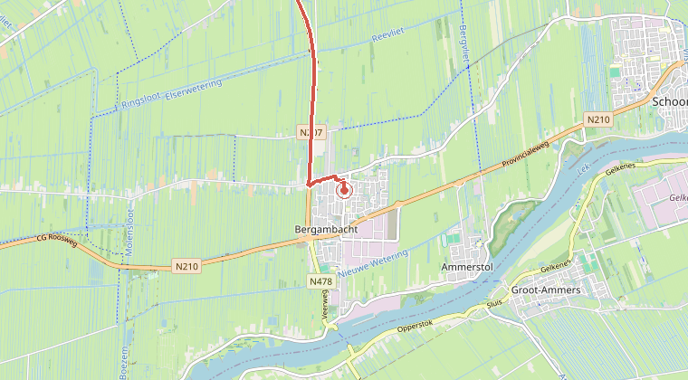 Kaart van de omgeving van de melding, met de kazerne die is gealarmeerd