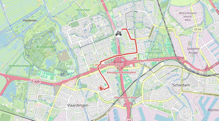 Kaart van de omgeving van de melding, met de kazerne die is gealarmeerd
