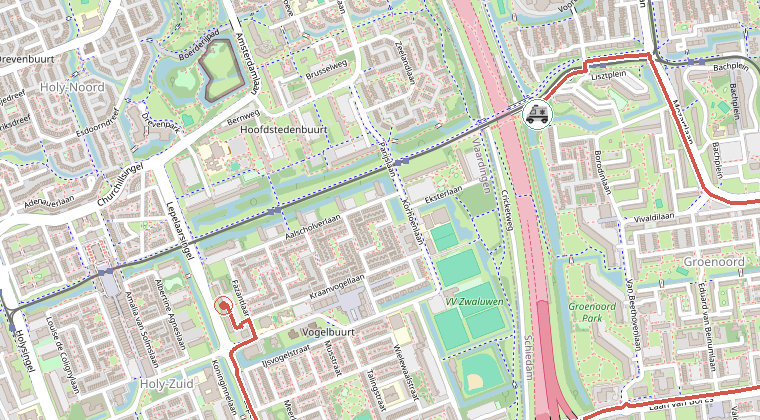 Kaart van de omgeving van de melding, met de kazerne die is gealarmeerd
