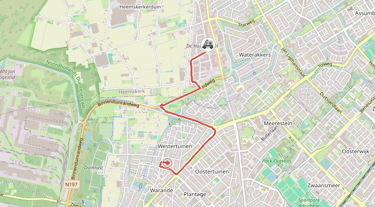 Kaart van de omgeving van de melding, met de kazerne die is gealarmeerd