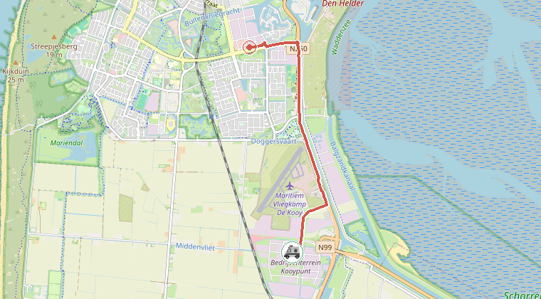 Kaart van de omgeving van de melding, met de kazerne die is gealarmeerd