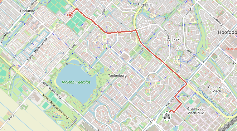 Kaart van de omgeving van de melding, met de kazerne die is gealarmeerd