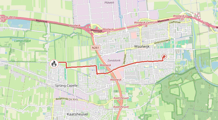 Kaart van de omgeving van de melding, met de kazerne die is gealarmeerd