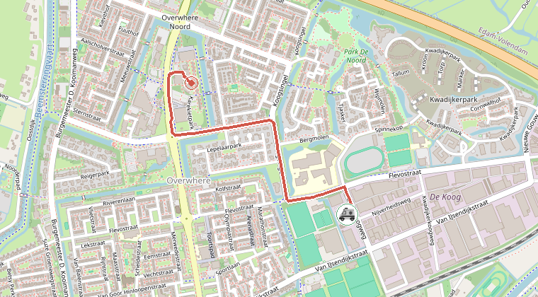 Kaart van de omgeving van de melding, met de kazerne die is gealarmeerd